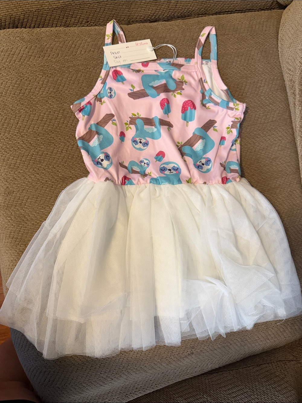 Girls Pink Sloth Print Tulle Dress with Cream Tutu